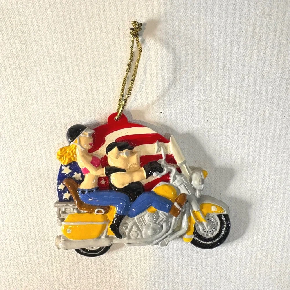 Vintage BBD Motorcycle Biker Christmas Ornament American Flag Patriotic Resin